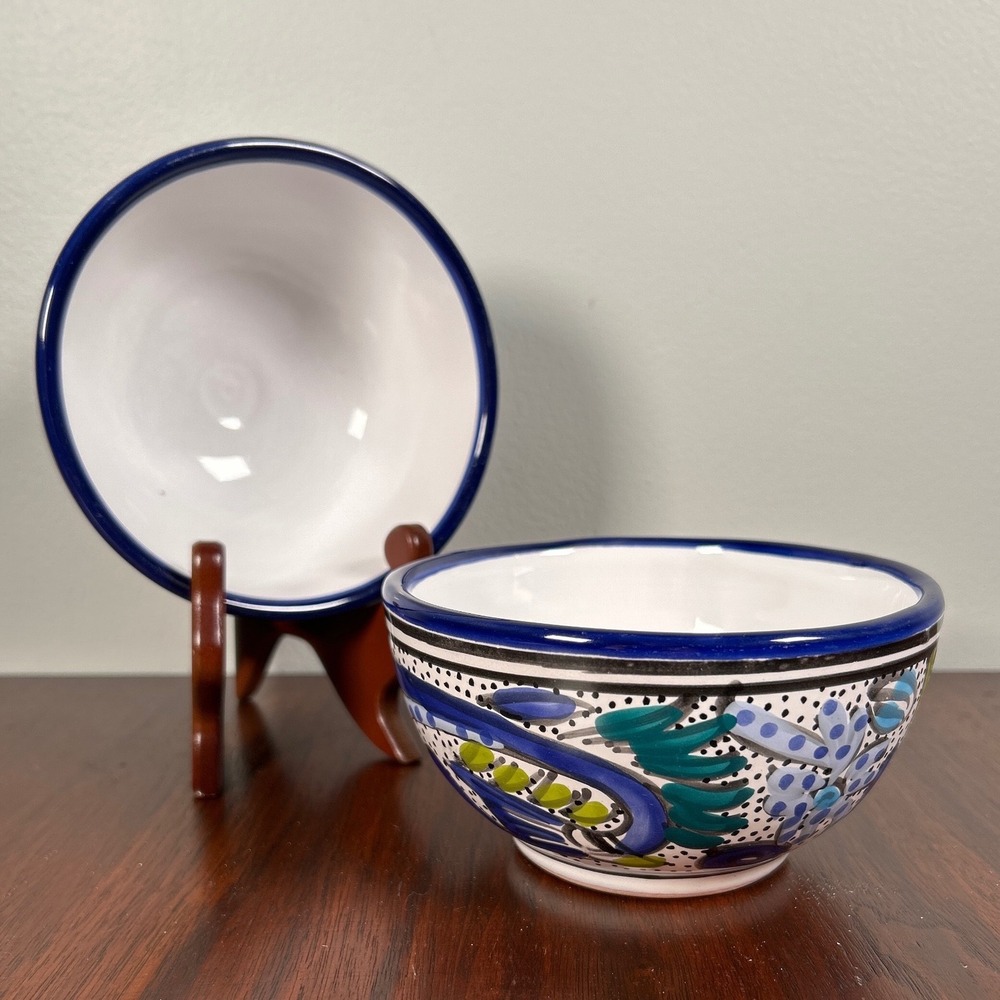 Le Souk Hand Painted Floral Ceramic Bowls Blue Green White Artisan Pottery TWO